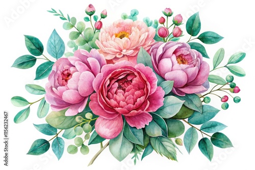 Watercolor Valentine's Day Floral Bouquet - Peony & Eucalyptus