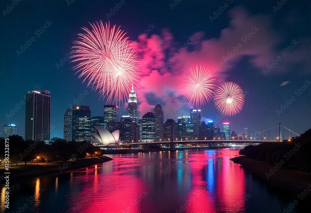 Brilliant fireworks the night sky over a city skyline with a wide river in the foreground reflecting the colorful explosions above Brilliant fireworks the night sky over a city skyline with a wide river in the foreground reflecting the colorful explosions above