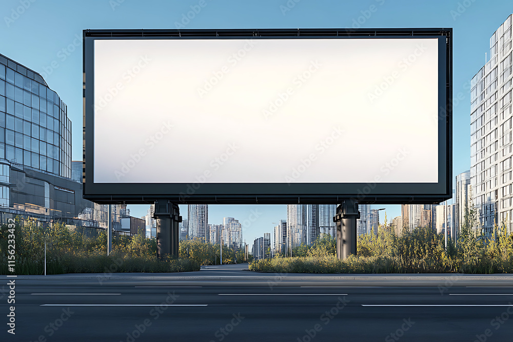 Obraz premium Billboard for mockup with white screen. Behind a city road and green tree, a building background