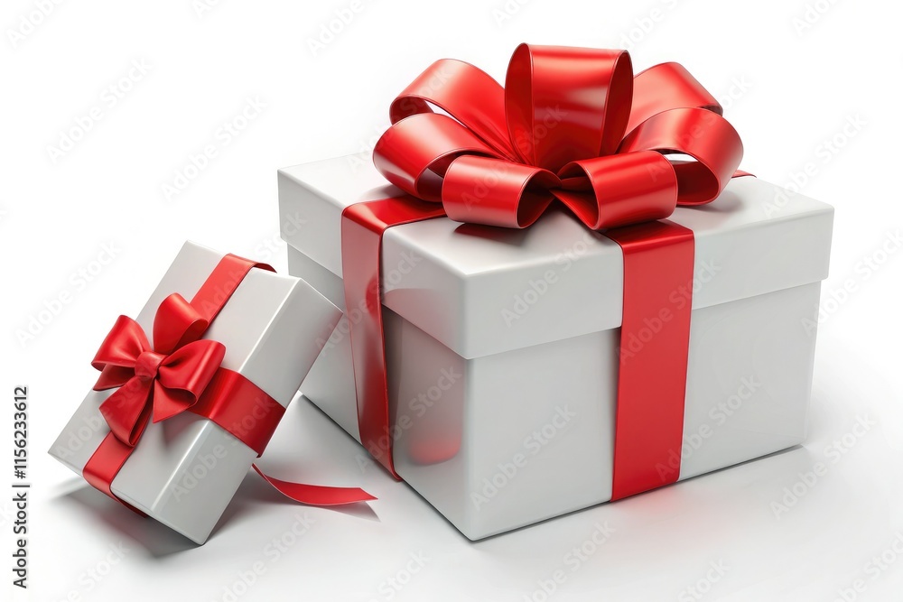 Fototapeta premium White Gift Box with Red Ribbon, 3D Rendering, Fashion Photography