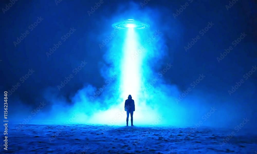 Silhouette of a person illuminated by a glowing blue UFO beam in a foggy, mysterious setting. Alien encounter, sci-fi theme, extraterrestrial presence, eerie atmosphere, and cinematic visual concept. Silhouette of a person illuminated by a glowing blue UFO beam in a foggy, mysterious setting. Alien encounter, sci-fi theme, extraterrestrial presence, eerie atmosphere, and cinematic visual concept.