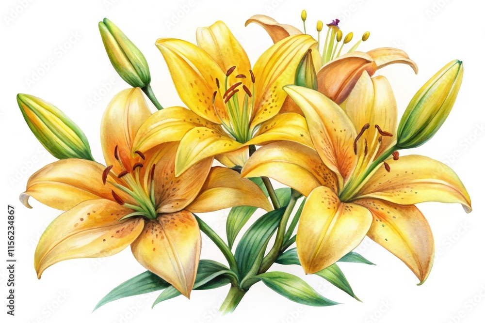 Obraz premium Yellow Lilies Watercolor Illustration - High Depth of Field