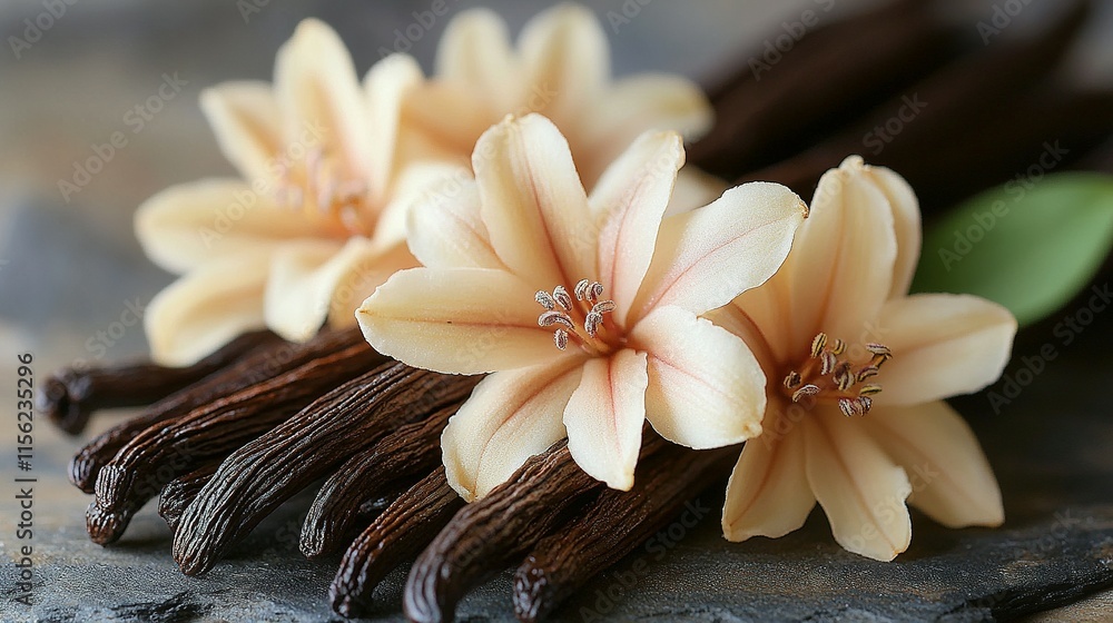 Fototapeta premium Vanilla Beans and Delicate Flowers Resting on a Dark Surface