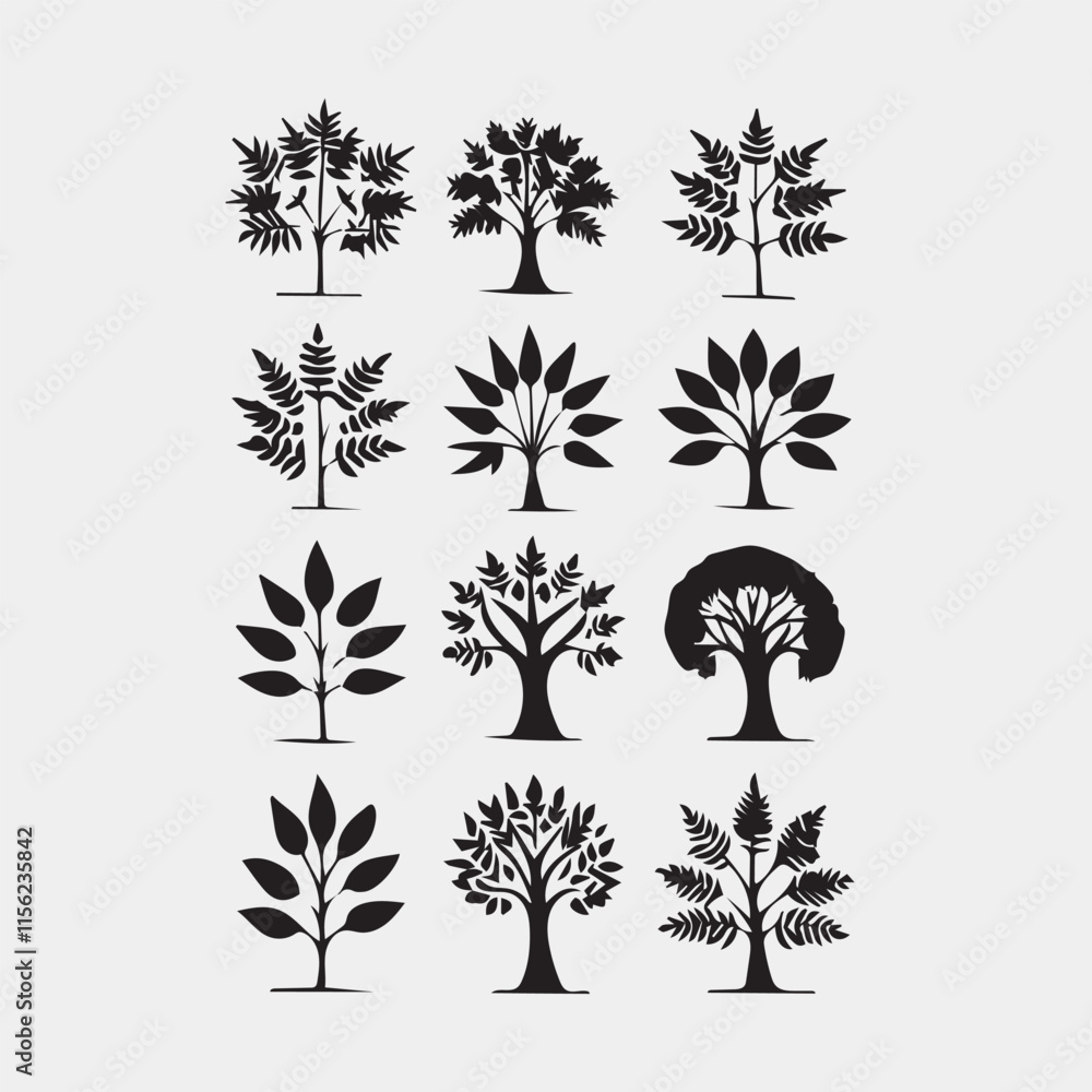 Set of plant and tree silhouette Set Black Trees with Leafs. Vector Illustration. Collection of black Trees. Vector Illustration. Set of plant and tree silhouette Set Black Trees with Leafs. Vector Illustration. Collection of black Trees. Vector Illustration.