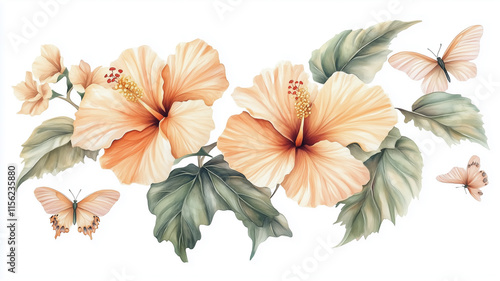 Wallpaper Mural 蝶とハイビスカスの水彩イラスト Torontodigital.ca