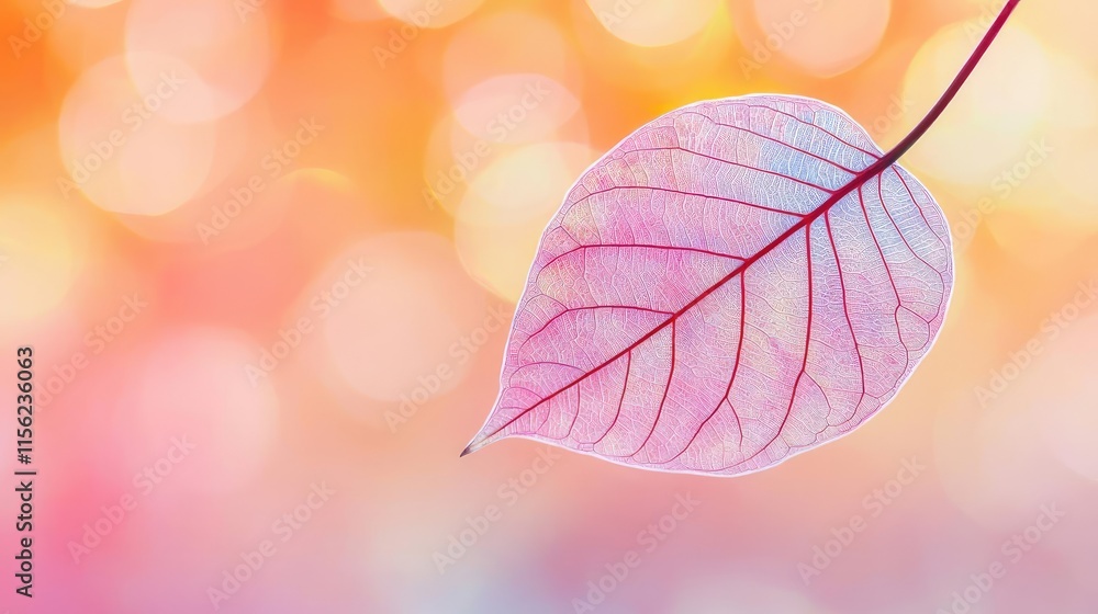 Naklejka premium Blurred bokeh concept. A delicate leaf glows against a dreamy bokeh background in soft pastel colors.