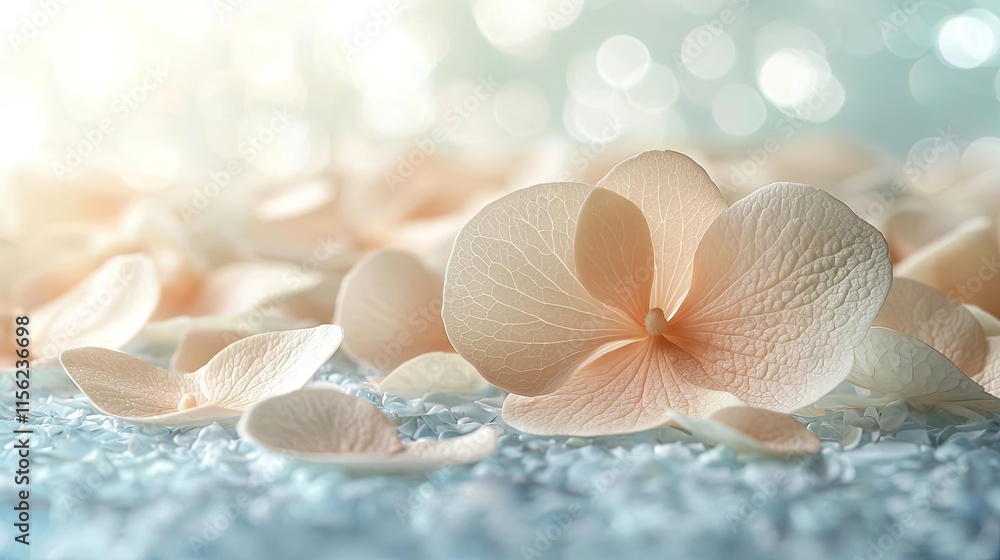 Blurred bokeh concept. Delicate petals scattered on a serene surface, invoking tranquility and beauty.