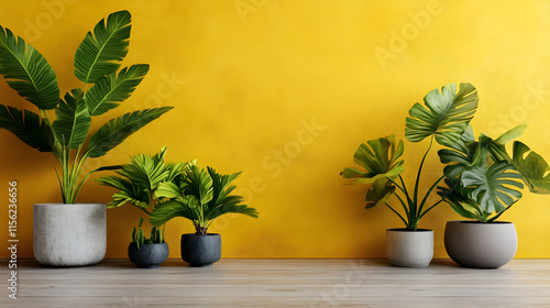 Yellow Wall Tropical Plants Potted Home Decor Greenery