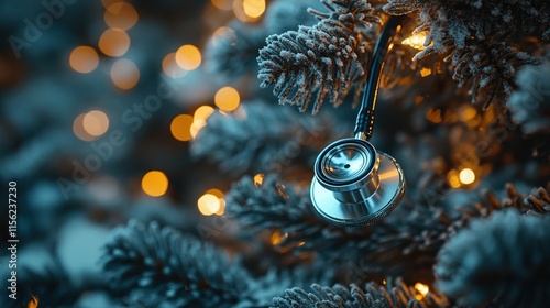 Stethoscope rests on a snowy Christmas tree