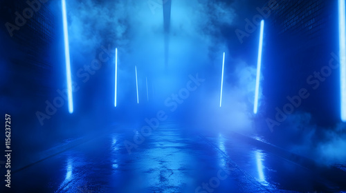 Cyberpunk Neon Alleyway Blue Lights, Smoke, Wet Ground, Futuristic Scene