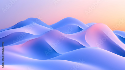 Abstract Pastel Blue Pink Waves, Smooth Landscape, Digital Art