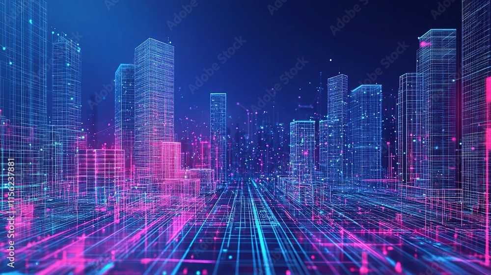 3D Abstract Wireframe City Background with Perspective and Scale 3D Abstract Wireframe City Background with Perspective and Scale