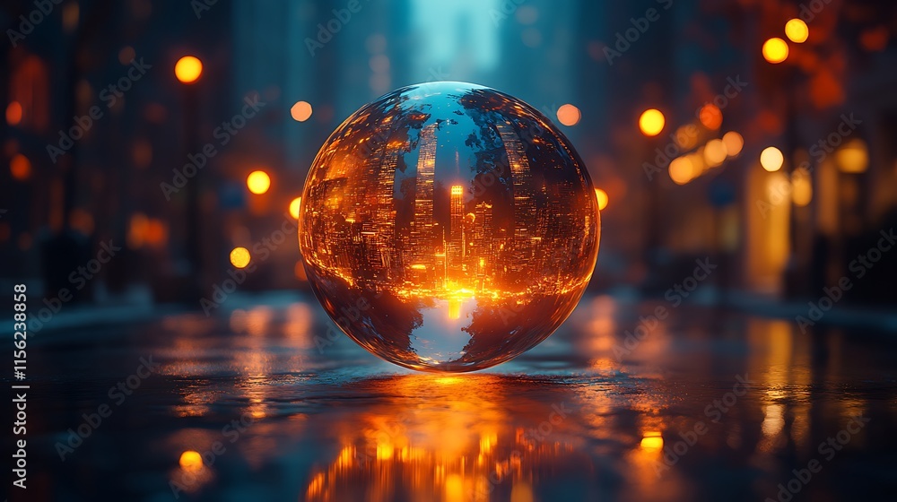Cityscape Reflected In A Crystal Sphere At Night Cityscape Reflected In A Crystal Sphere At Night