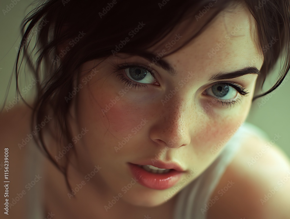 Fototapeta premium close up portrait of a young person with fair skin and prominent freckles across the cheeks and nose, green eyes and brown hair, which is styled loosely with a few strands falling over the forehead