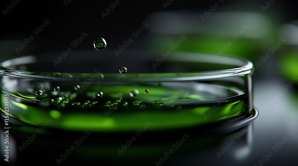 Microscopic Green Liquid Droplets Falling into Petri Dish Microscopic Green Liquid Droplets Falling into Petri Dish