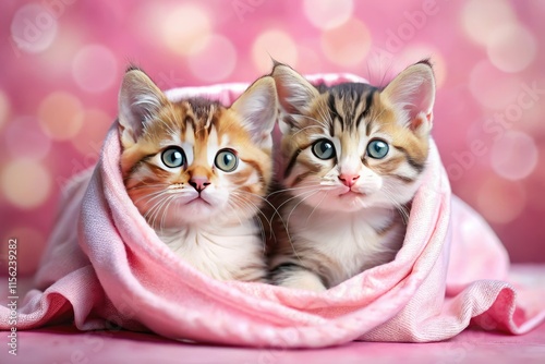 Cute white, tan, and tabby kittens share a pink blanket this Valentine's Day; a purrfectly adorable sight.