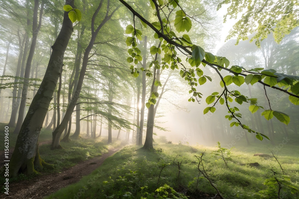 Naklejka premium A serene spring morning with soft mist blanketing the landscape. Dew-kissed flowers bloom, birds chirp, and the gentle light filters through the trees, creating a peaceful atmosphere.