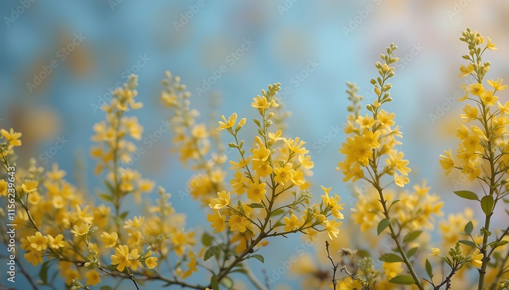 Yellow Flowers Blooming Against A Soft Blue Sky Yellow Flowers Blooming Against A Soft Blue Sky