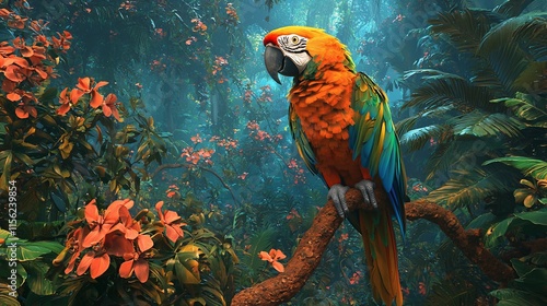 Wallpaper Mural Vibrant macaw perched on branch in lush rainforest. Torontodigital.ca