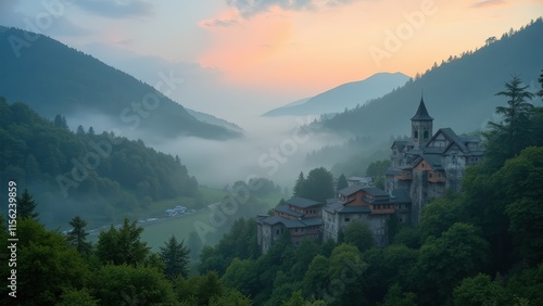 Wallpaper Mural Mystical Dawn: Medieval Castle Shrouded in Misty Mountain Valley Torontodigital.ca