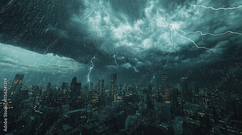 Heavy rain and lightning storm over a city at night. Heavy rain and lightning storm over a city at night.