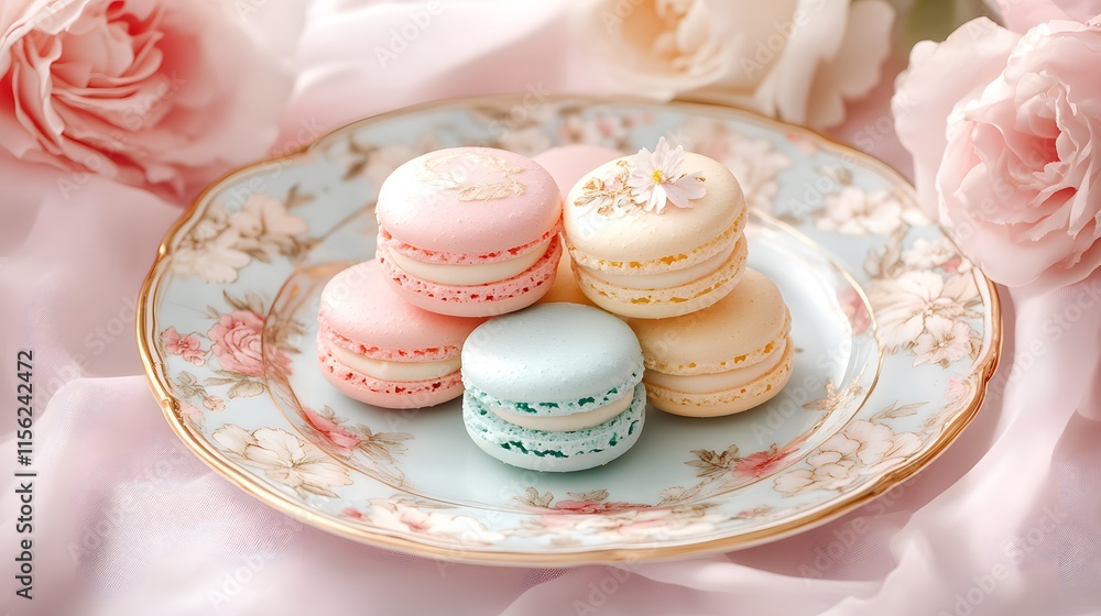 Pastel Macarons on a Floral Plate with Roses Pastel Macarons on a Floral Plate with Roses