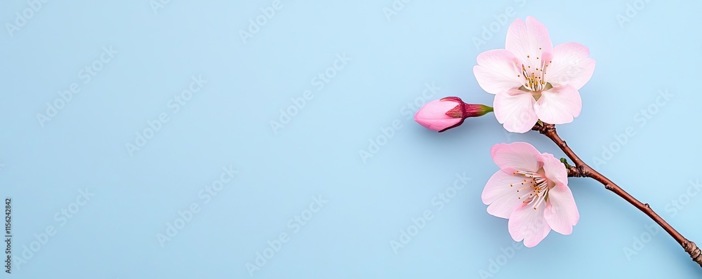 Fototapeta premium Minimal floral idea. Delicate cherry blossom branch with pink flowers set against a soft blue background.