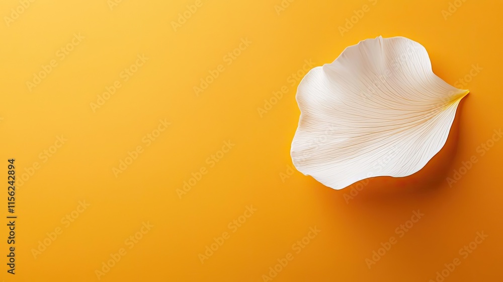 Fototapeta premium Minimal floral concept. Elegant white petal resting on a bright yellow background, symbolizing beauty and simplicity.