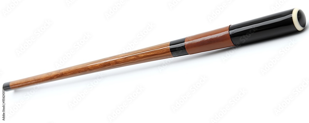 A pool cue stick with a leather tip and wooden handle on a solid white background. A pool cue stick with a leather tip and wooden handle on a solid white background.