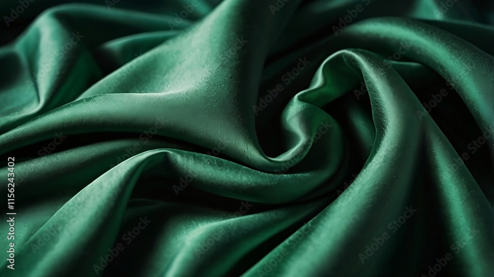 Obraz premium A highly realistic photograph featuring a vibrant green flowing fabric as the main subject, with the fabric dramatically flowing and swirling on the left side of the frame, as if blowing in the wind, 