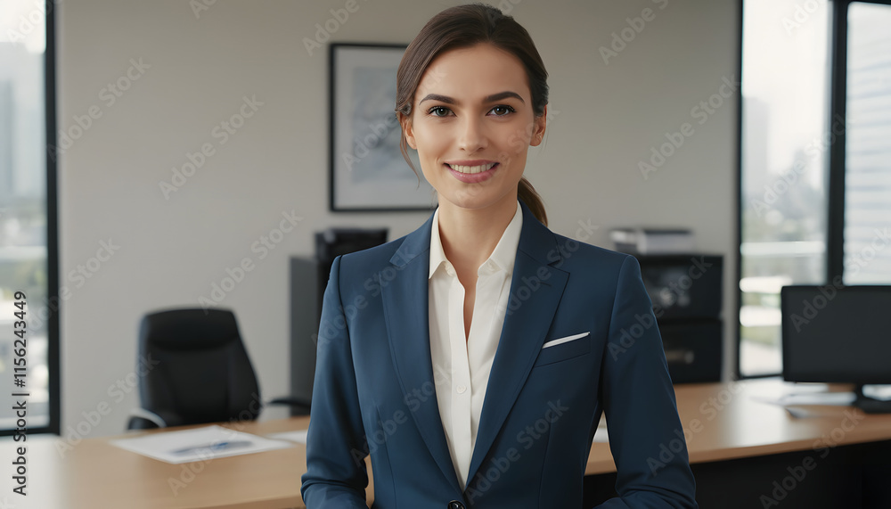 A poised and assertive executive, dressed in a sharp business suit, gazes directly at the camera with a warm, radiant smile, exuding confidence and authority in a sleek, modern office setting A poised and assertive executive, dressed in a sharp business suit, gazes directly at the camera with a warm, radiant smile, exuding confidence and authority in a sleek, modern office setting