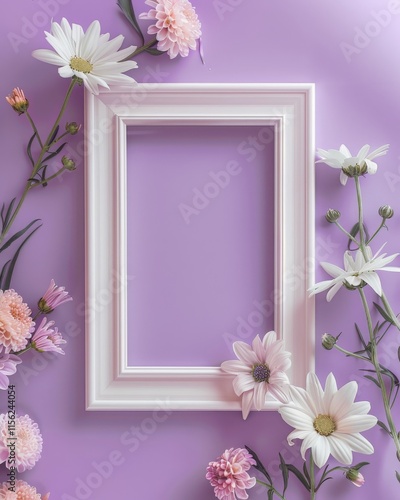 Daisy flower frame isolated on purple background. MZ