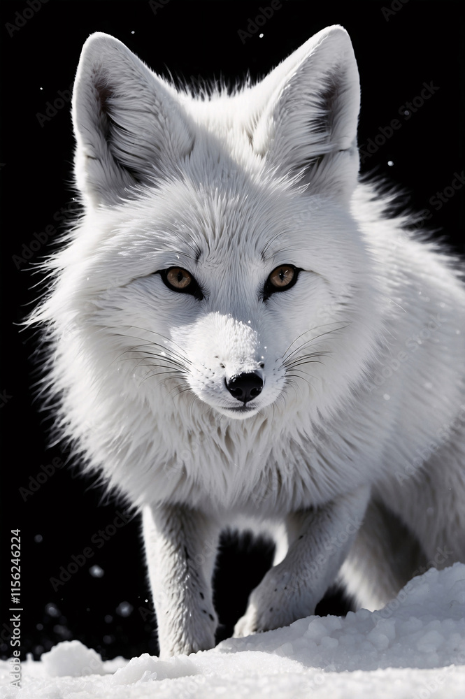 Naklejka premium Highly Detailed Black and White Wild Wolf Drawing with Majestic Eyes and Fur Detail on Snowy Landscape