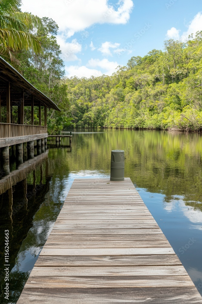 Calm waters reflection serene dock nature lush greenery tranquil view natural beauty Calm waters reflection serene dock nature lush greenery tranquil view natural beauty
