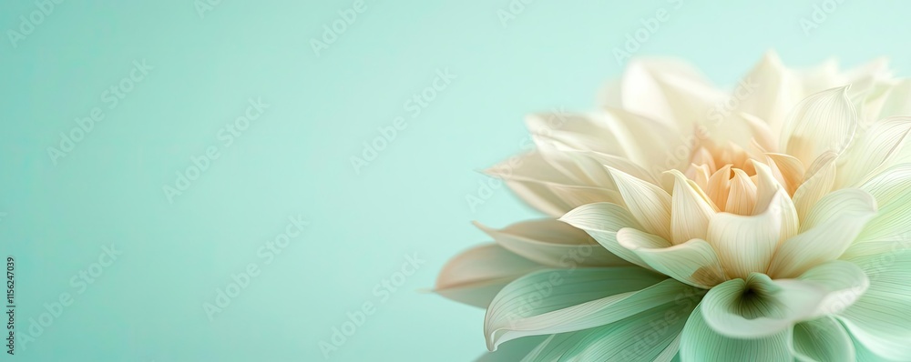 Obraz premium Minimal floral concept. Beautiful white flower blossom on a serene mint background, symbolizing tranquility.