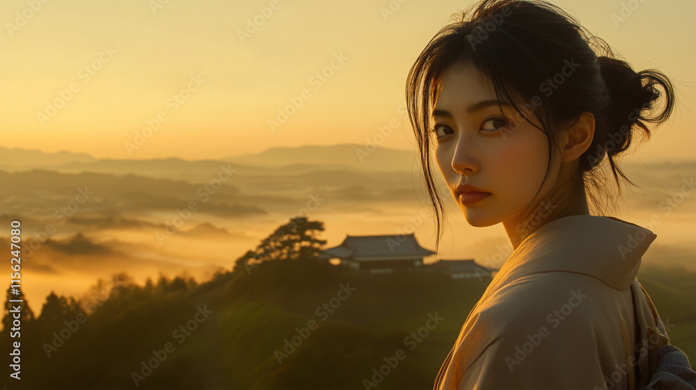 日の出前の朝靄と振り向く日本人女性の優雅なひととき 日の出前の朝靄と振り向く日本人女性の優雅なひととき