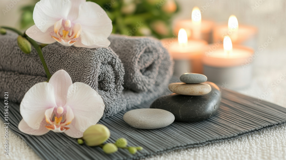 serene spa themed image featuring neatly folded towels, smooth stones, and delicate orchids, creating calming atmosphere with soft candlelight serene spa themed image featuring neatly folded towels, smooth stones, and delicate orchids, creating calming atmosphere with soft candlelight