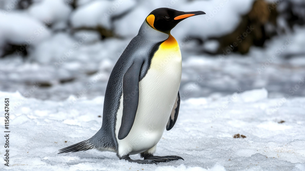 Fototapeta premium majestic emperor penguin standing snow, showcasing its distinctive black and white feathers, bright orange beak, and vibrant yellow accents. This captures beauty of wildlife cold environment