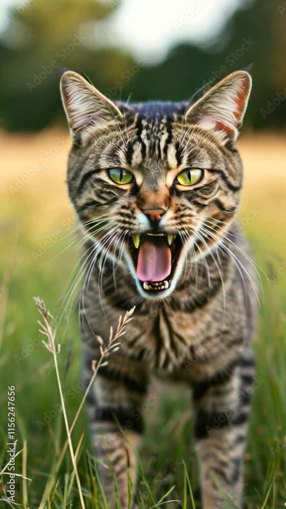 A fierce-looking tabby cat growls in a grassy field, showcasing its sharp teeth and intense gaze. A fierce-looking tabby cat growls in a grassy field, showcasing its sharp teeth and intense gaze.
