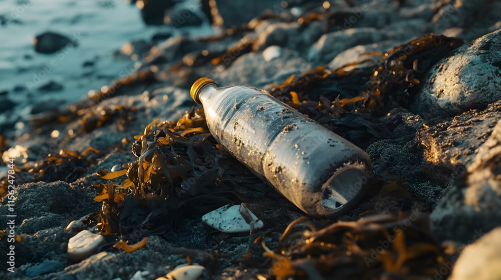 Fototapeta premium Plastic bottle on beach sand.