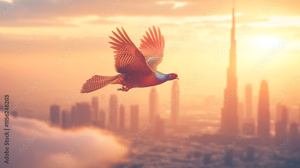 Obraz premium Majestic Pheasant Soaring Over Dubai Skyline at Sunset