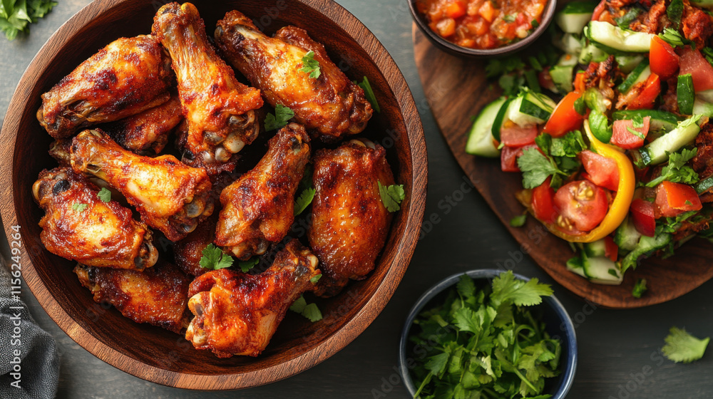 Fototapeta premium Delicious chicken wings served in wooden bowl, accompanied by fresh salad and salsa. perfect keto friendly meal for gatherings or casual dining