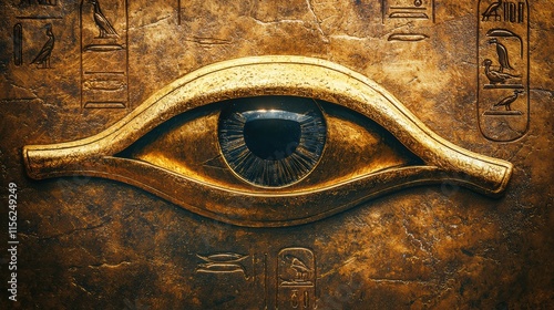 Ancient Egyptian Eye of Horus, Golden Amulet, Mystical Symbol, Bronze Texture, Hieroglyphics Background photo