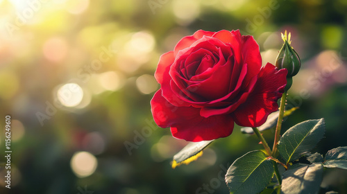 Fototapeta Naklejka Na Ścianę i Meble -  vibrant red rose with rich deep hues blooming in garden, surrounded by soft sunlight and blurred greenery, evokes feelings of love and beauty