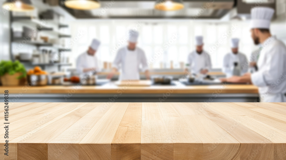 Professional kitchen with chefs preparing food in background, showcasing bare maple butcher block countertop in foreground. atmosphere is lively and focused Professional kitchen with chefs preparing food in background, showcasing bare maple butcher block countertop in foreground. atmosphere is lively and focused