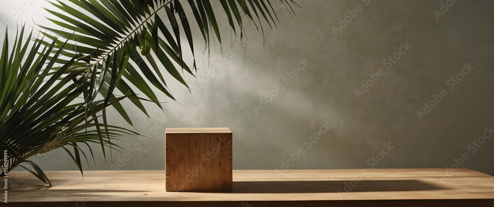 Wooden Platform with Tropical Leaf: A rustic wooden platform sits under a palm leaf, bathed in warm sunlight. Wooden Platform with Tropical Leaf: A rustic wooden platform sits under a palm leaf, bathed in warm sunlight.