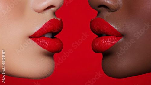 Captivating close up of two sets of soft, pillowy lips showcasing vibrant red lipstick against bold red background, highlighting beauty and diversity photo