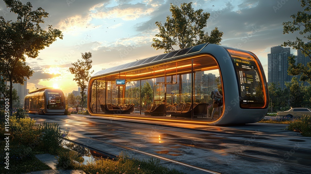 Obraz premium Futuristic Tram Station at Sunset: Eco-Friendly Public Transportation Design