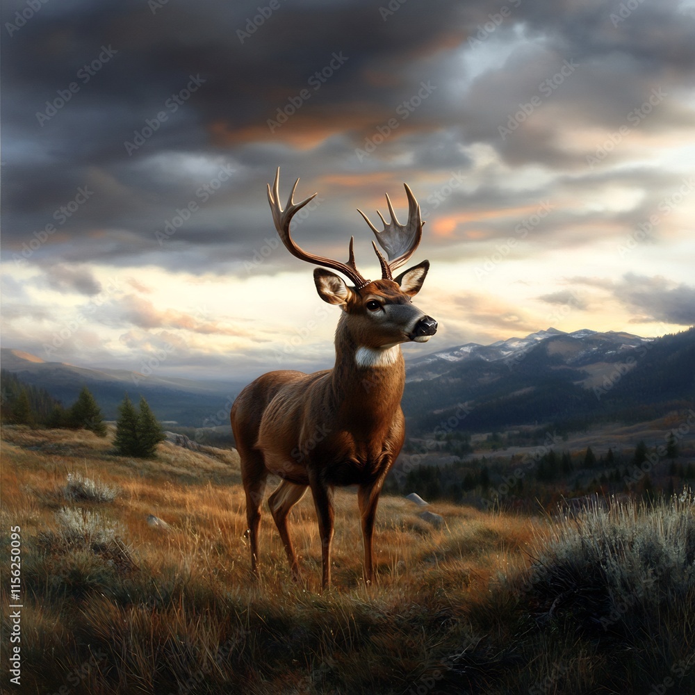 Fototapeta premium Majestic Buck at Sunset in the Mountains