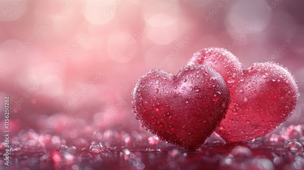 Romantic red hearts with water droplets on soft pink background create dreamy atmosphere, perfect for Valentine Day celebrations Romantic red hearts with water droplets on soft pink background create dreamy atmosphere, perfect for Valentine Day celebrations